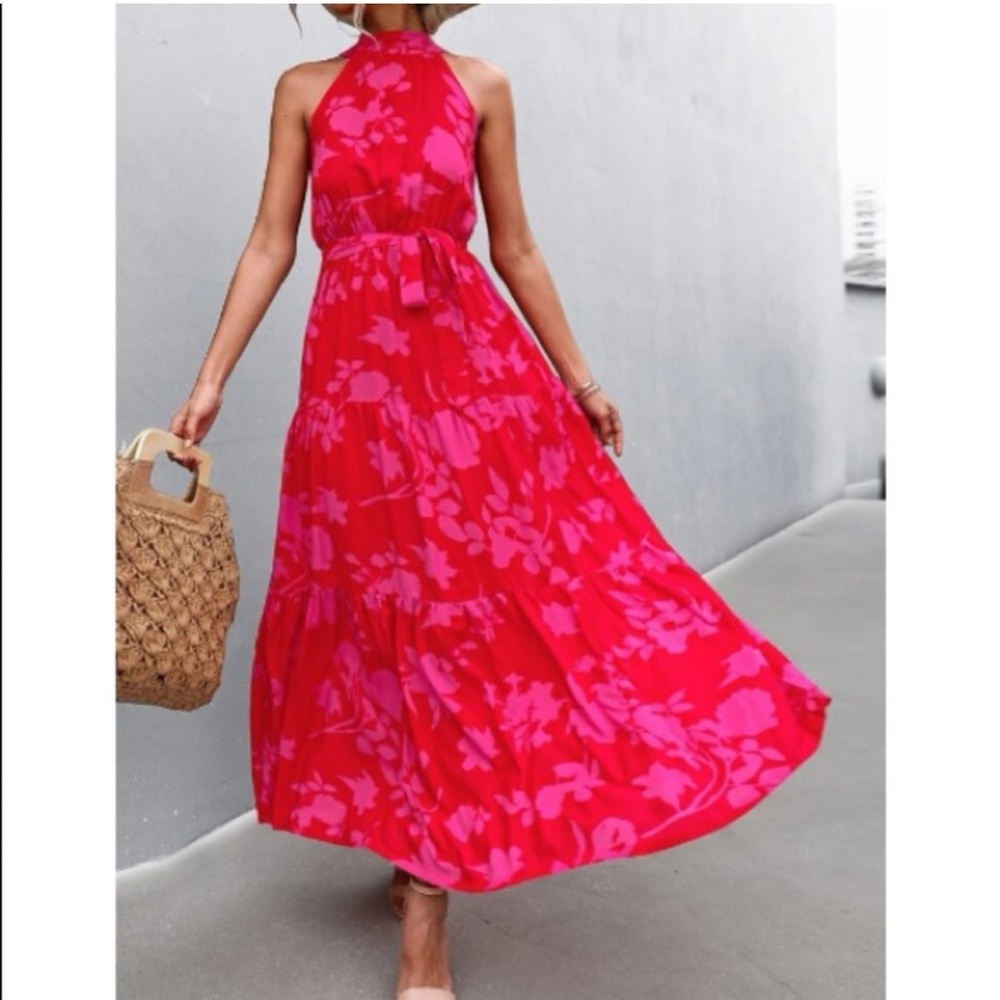 NWT Boho red pink floral print belted halter maxi dress